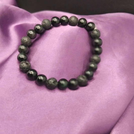 Bracelet Pierre de lave et Obsidienne doré